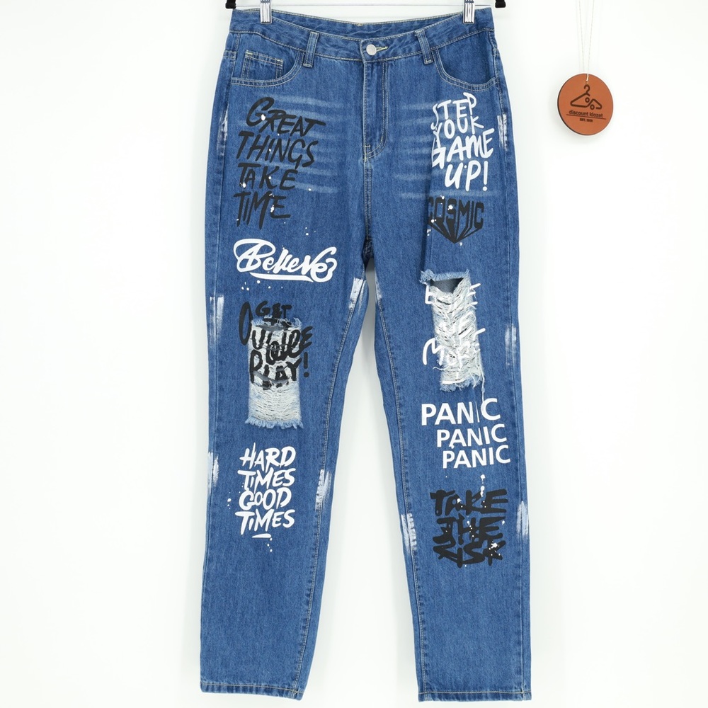 SHEIN Women Graffiti Print Distressed Jeans Blue‎ Medium Wash Graphic Size Large